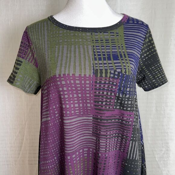 LuLaRoe XS Purple Green Gray Blue Crewneck Short Sleeve Hi Low Dress - Picture 3 of 12